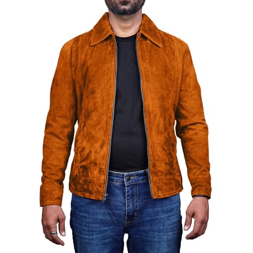 Image of Mens Polo Collar Zipper Suede Shirts Long Sleeve Shacket Suede Trucker Jacket Real Suede Leather Shirt