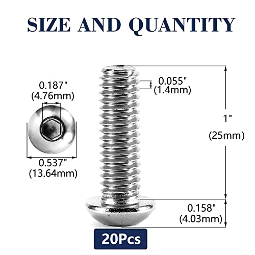 Image of 5 /16-18 x 1 inch Button Head Socket Cap Bolts Screws, 20Pcs 304 Stainless Steel 18-8, Allen Hex Drive, Bright Finish by SG TZH(with Hex Spanner)
