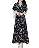 [Yino] 花柄 ロング ワンピース 半袖 レディース シフォン マキシワンピース Vネック フレア袖 裏地付き ウエストゴム 着痩せ おしゃれ 可愛い お呼ばれ お出かけ 通勤 普段着 夏