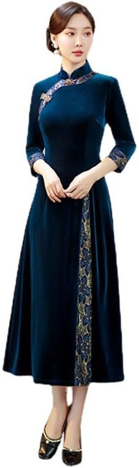 Womens Chinese Dress - Winter 3/4 Sleeve Long Cheongsam Improved Womens Chinese Year Qipao Dress Traditional