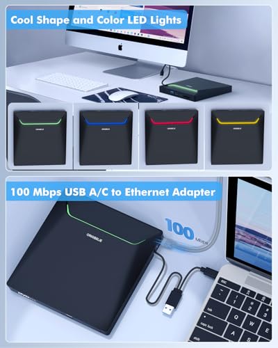 Image of New External CD DVD Drive, Cool DVD Burner USB 3.0 with Ethernet Adapter, 3 USB and 2 TF /SD Card Ports, CD DVD Player Reader Writer Optical Disc Drive for Laptop MacBook PC Windows Linux Mac OS