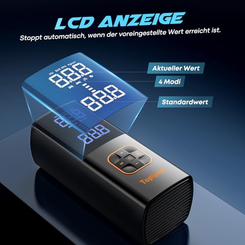 Topipop Elektrische Luftpumpe, 150 PSI Akku Kompressor für Auto/Fahrrad/E-Scooter/Motorrad/Bälle, Tragbare elektrische Fahrradpumpe mit 4 Modi, Inkl. Powerbank und Notlicht(Schwarz)