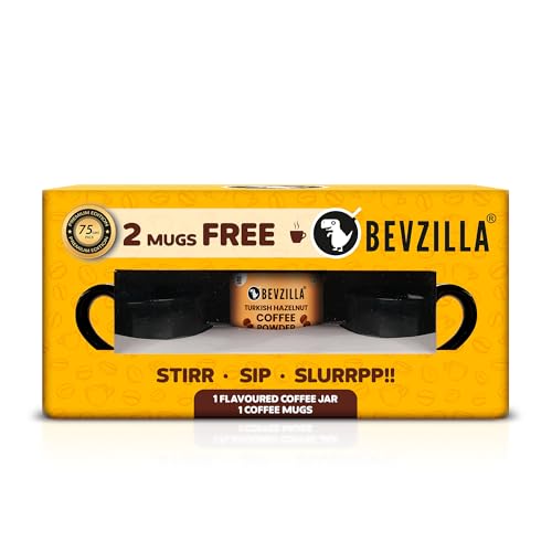 Image of Bevzilla Turkish Hazelnut Premium Edition Pack - 2 Free Coffee Mugs | 100% Arabica Beans | Instant Coffee | 75 gms Pack | Makes up to 40 cups | Best for Espresso, Latte, Cappuccino