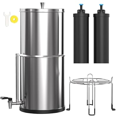Gravity-Fed Water Filter System, Cobectal 2.25G Countertop System with Black Elements 304 Stainless Steel Gravity Water Filter with Water Level Window, Anti-Slip Removable Stand & Water Spigot
