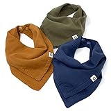 Indi by Kishu Baby - Organic Muslin Baby Bandana Scarf Bibs with Snaps - 3 Pk (Indi Blue, Caramel, Dark Olive)