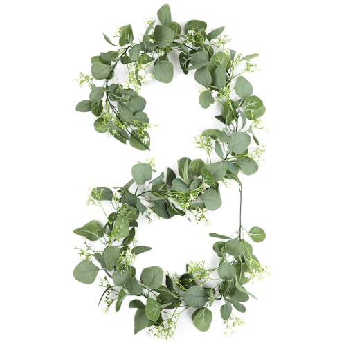 Guirnalda artificial de eucalipto, 1,8 m, decoración de eucalipto con hojas de sauce, guirnalda artificial, hojas verdes, guirnalda de flores blancas, para ramo de boda, flor, decoración del hogar