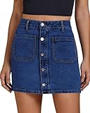 luvamia Jean Skirts for Women Denim High Waisted Trendy Stretchy Mini Button Front Short Pencil Skirt with Patch Pockets Darkness Blue Size Large Fits US 12-14