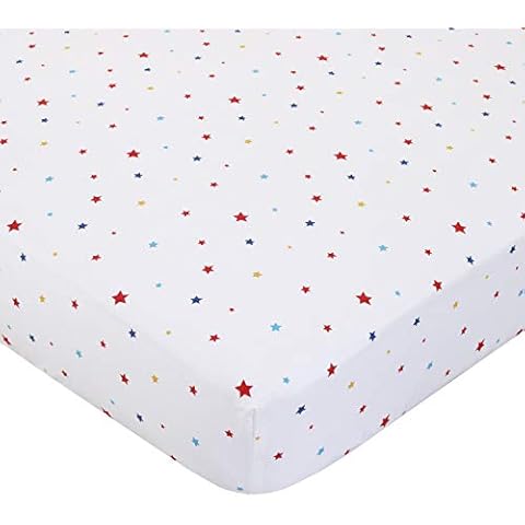 ED Ellen DeGeneres Doodle Dog - 100% Cotton Fitted Crib Sheet, Multi Star Print, Ivory, Royal, Red, Yellow Cover