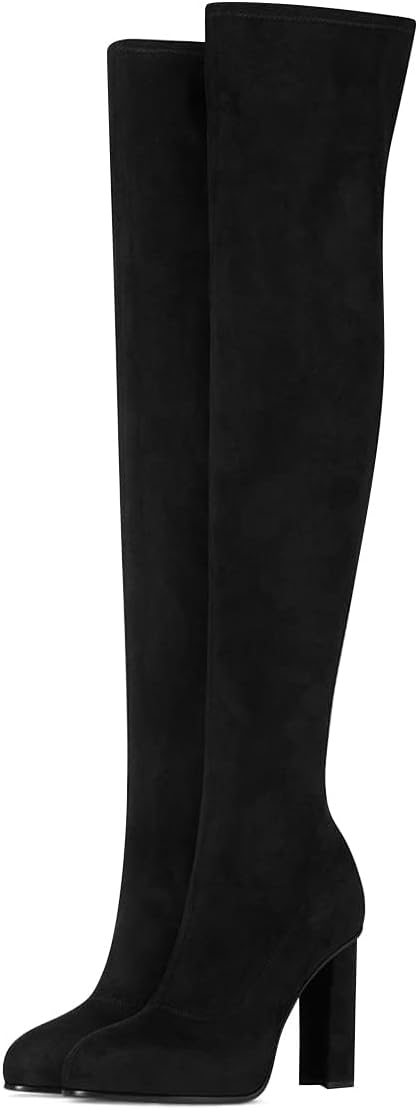 FSJ Women Sexy Thigh High Fashion Suede Boots Stretch Pull on Comfortable Chunky Heel Over The Knee Winter Shoes Size 4-15 US