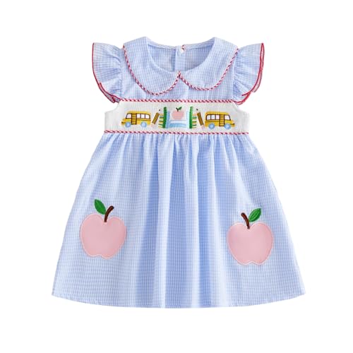 Toddler Baby Girl Back to School Outfit Smocked Dress Summer Sets (Blue Apple, 6-7 Years)