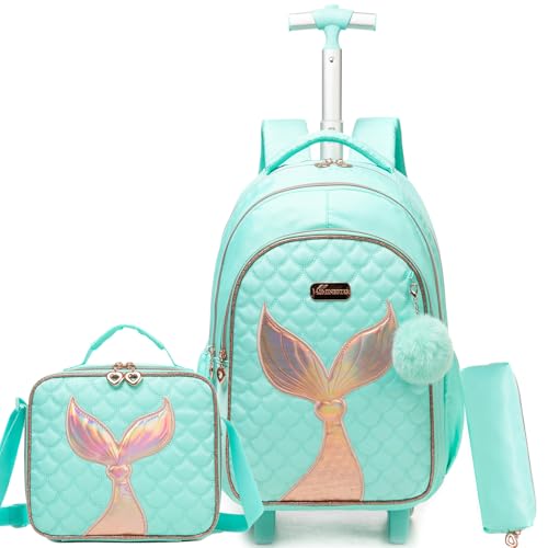 ZBAOGTW Mochila de rodinhas para crianças com rodas, mochilas de viagem para crianças, 3 peças, mochila para meninas e meninos com lancheira, Verde sereia
