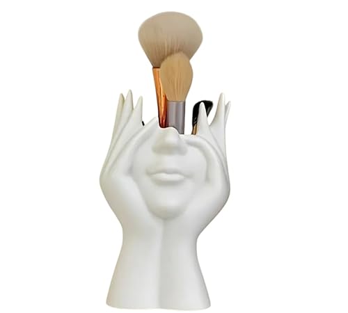 Modern Face Hands White Ceramic Look-alike Plastic Vase Makeup Brush Holder Abstract Vanity Organizer, Artistic Sculptural Design for Brushes, Pens or Flowers Decorative Cosmetic Display 6.7x4.3 in