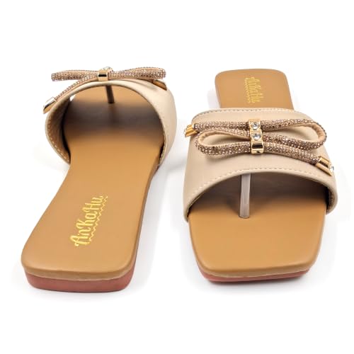 Image of flats for women stylish beige cream daily use flip flops girls slippers open square toe footwear sandals | Slides for women stylish bow accent on the toe