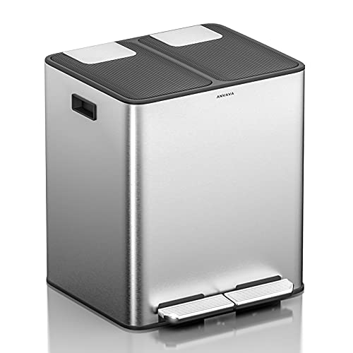 ANVAVA Trash Can, 30 Liter(2X15L )Dual Step Trash Can Stainless Steel Dual Compartment Recycling Kitchen Step Trash Can with Removable Inner Bucket and Soft Close Lid Rubbish Bin (30 Liter)