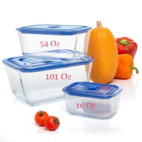 Moss & Stone Extra Large Glass Storage Containers With Lids Set of 3, 101 Oz/ 54 Oz/ 16 Oz, Deep Rectangular Glass Food Container with Lid, Leak Proof, Microwave, Dishwasher & Oven Safe
