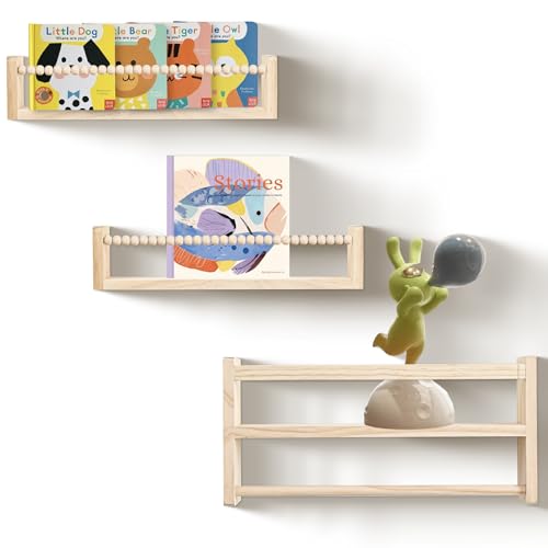 MITREL Lot de 3 étagères Murales Flottantes pour Chambre d'enfant, avec Design de Perles en Bois, pour Le Rangement des Décorations de Bébé, en Pin...