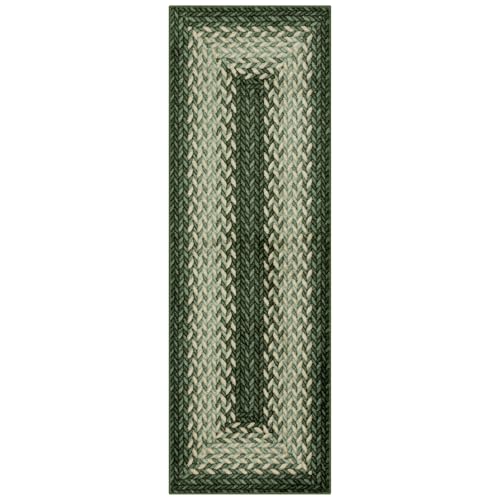 Maples Rugs Marion Bohemian Braided Design Print Runner Rug – Made in USA – Washable, Non Slip Indoor Carpet for Hallway, Kitchen, and Laundry Room, 2' x 6', Green
