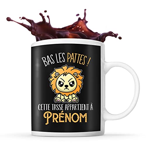 Planetee Tasse Prénom personnalisable Lion bas les pattes| Mug café ou thé idée cadeau personnalisé drôle et original pour collègue de travail famille et amis