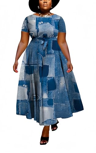 Image of Hostoyo Women Plus Size Formal A Line Maxi Dress Self Tie Waist with Pockets Elegant Round Neck Swing Long Dresses