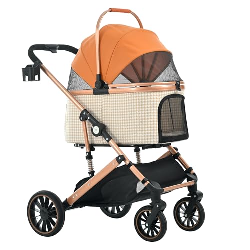 ペットカート Lsize 対面式 分離式 2way 折りたたみ 多頭 中型犬 小型犬 フルオーペン 4輪 アルミ製 収納 軽量 ストッパー付き ダンパー付き 組立簡単(Orange)