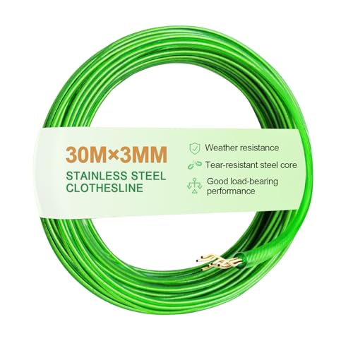 OAKENCREST Stendibiancheria 30 m, Filo Stendibiancheria per Esterno da 3 mm, Filo per Bucato con Anima in Acciaio, Corda per Stendere i Panni Estern, Capacità di Carico 220 kg, Per Giardino, Campeggio