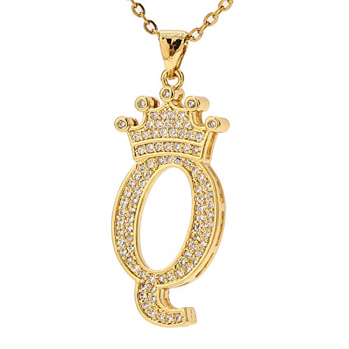 UALGL A-Z Letters Necklace Crown Necklace for Men Women 18K Gold Plated Letters Pendants with 23'' Chain Hip Hop Alphabet Name Jewelry Mom Gifts (Yellow-q)