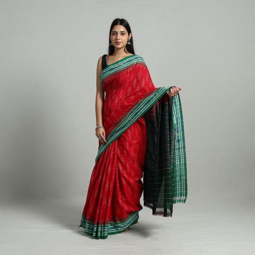 Image of ODISHAHANDLOOM Sambalpuri Pure Cotton Handloom Saree, Traditional Ikat Pattern, Red and Green, Without Blouse