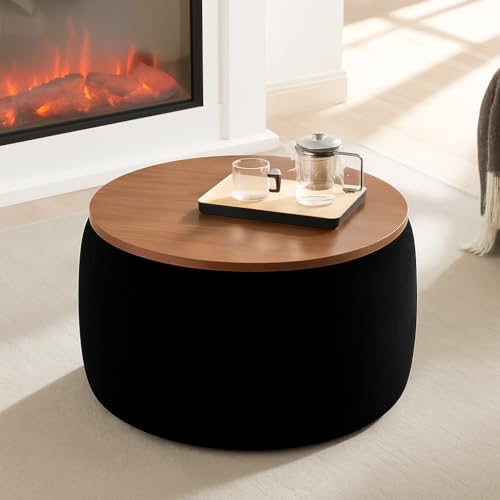 Image of Elegant Round Coffee Table with Wooden Top & Storage Ottoman | Modern Centre Tea Table for Living Room | Farmhouse Wood Drum Coffee Table Furniture for Home & Lounge | Black Finish