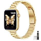 WFEAGL Thin Metal Bands Compatible with Apple Watch Band 42mm (Series 11 10) 41mm 40mm 38mm for Women, Slim Stainless Steel Wristbands for iWatch SE Series 9 8 7 6 5 4 3 2 1 (Gold)
