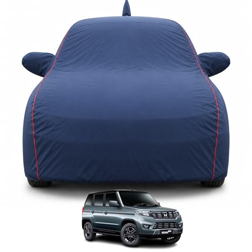 Image of Bolero Neo 2021-2026 Models100% Waterproof Car Cover for All Weather Protection Mirror & Antena Pocket Inner Cotton Triple Stitched Cover, Adjustable Belt Bottom Elastic (Navy Blue)