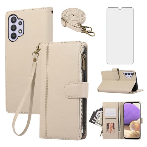 Coque fermeture éclair Asuwish pour Samsung Galaxy A32 5G avec sangle et verre
