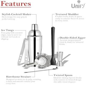 Unify 6 Pieces Stainless Steel Bartender Kit | Premium Cocktail Shaker Set for Home Bar & Parties | Includes Peg Measurer 30/60ml, Bar Spoon, Ice Tong, Muddler, Strainer | Professional Bar Tool Set