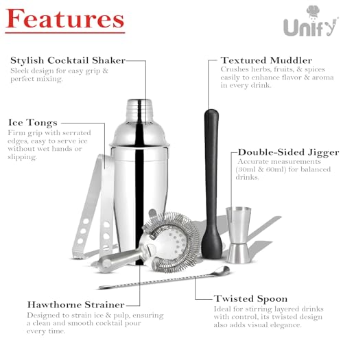 Unify 6 Pieces Stainless Steel Bartender Kit | Premium Cocktail Shaker Set for Home Bar & Parties | Includes Peg Measurer 30/60ml, Bar Spoon, Ice Tong, Muddler, Strainer | Professional Bar Tool Set