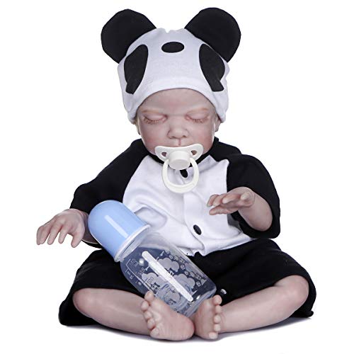 Zero Pam 19 INCH Reborn Baby Doll Hand Painted Detailed Realistic Face Appearance Newborn Baby Asleep Boy Soft Vinyl Weighted Body Preemie Doll in Panda Clohes