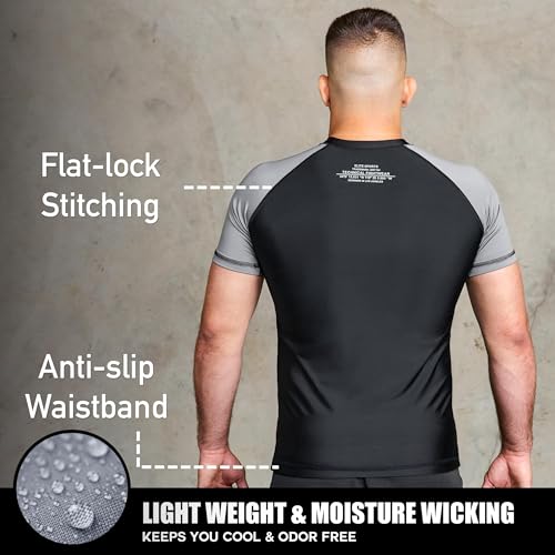 Elite Sports Jiu Jitsu BJJ Rash Guards, Men’s BJJ, No GI, MMA Ranked Short Sleeve Compression Base Layer Rash Guard