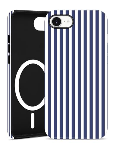 Jusy Compatible with MagSafe Striped Phone Case for iPhone 7/8/SE, Cute Aesthetic Magnetic Soft TPU and Hard PC Protective Phone Cover for Women Girls（Matte） - Navy Blue