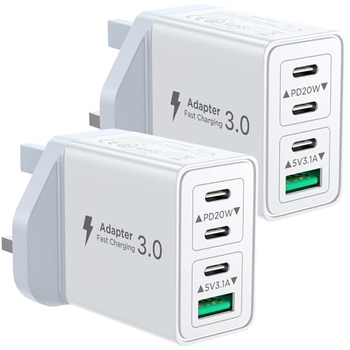 2-Pack USB C Charger 40W USB C Plug Fast Charger 4 Port PD Type C Charging Plug+QC USBPlug UK USBC Power Adapter Multi Plugs Samsung Charging Plugs for iPhone 16 15 14 13 Pro Max XR XS iPad Samsung