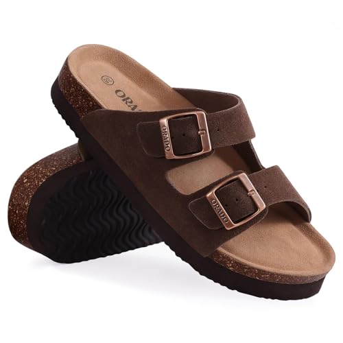 Image of Platform Suede Sandals for Women Cork Footbed Slip On Summer Slides