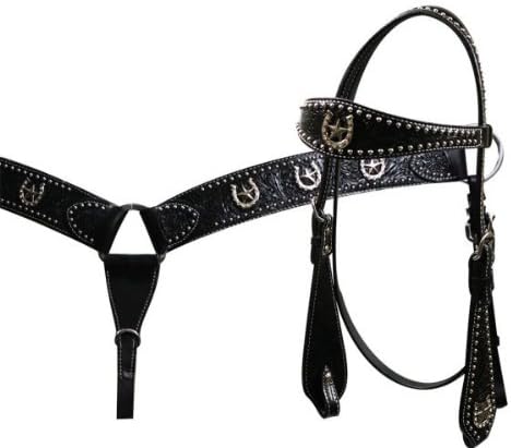 Leather floral tooled wide browband headstall and breastcollar set accented with rhinestone horse shoe and star conchos Black Color