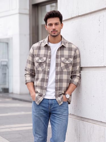 Image of Amazon Brand - INKAST Men's Cotton Blend Button Down Shirt || Long Sleeve Casual Flannel Check Shirt || Soft Breathable Lightweight Collared Shirts with Two Flap Chest Pockets || Stylish Everyday Wear