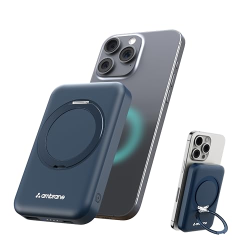 Ambrane MagSafe Wireless 10000mAh Fast Charging Power Bank with Mobile Stand, Strong Magnet, 22.5W Output for iPhone 12 & Above, Android & Other Qi Enabled Device + Magnetic Ring (Mount, Blue) view 1