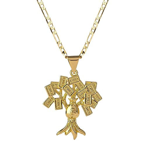 yipima 18K Gold Plated 100 Dollar Bill Tree Pendant Necklace for Women Men Money Tree Pendant 3mm Flat Figaro Chain Necklace 18/22 inches (gold chain length:18)