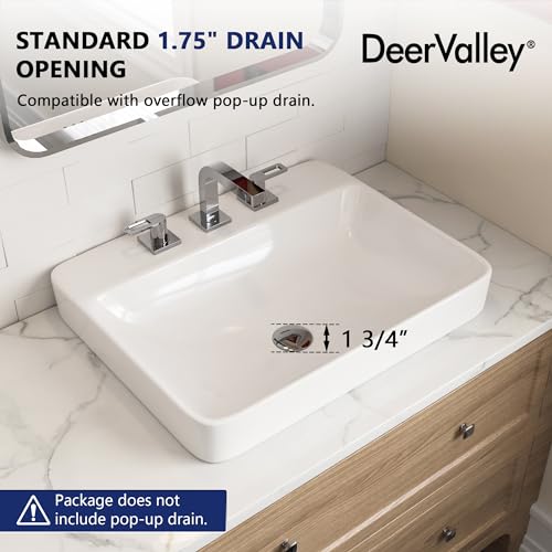 DeerValley 24x19 Inch Rectangular Drop-in Bathroom Sink, White Semi Recessed Vessel Sink with Overflow and Three Faucet Holes, Ceramic Vanity Basin, DV-1DS0121 by DeerValley - Used condition - Image 5