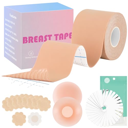 AOOWU Bande Soutien Gorge Adhesif, 49PCS Ensemble de Breast Boob Tape, Bande Serrage Poitrine, Cache Tetons Femme Réutilisables, Forme du Pétale Autocollants Mammaires, Body Tape pour Bonnet A-E