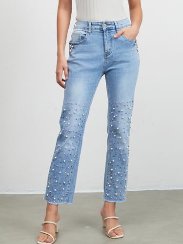 LifeShe Women Pearls Embellished Jeans High Waisted Raw Hem Straight Leg Stretchy Denim Pants2