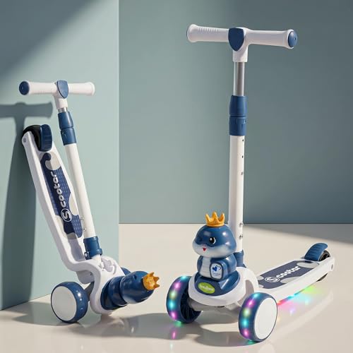 Image of Baybee Dino Crown Kick Scooter for Kids | 3 Wheel Kick Scooter with RGB LED Wheels & Music | 3 Height Adjustable Handle & Rear Brake | Foldable Scooter for Kids 3 to 8 Years Boys & Girls (Lite Blue)