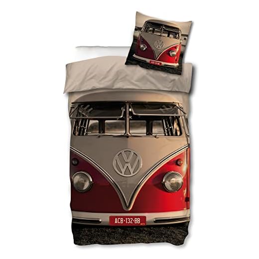 Volkswagen Bulli – Juego de cama T1 rojo 135 cm x 200 cm + 80 cm x 80 cm, 100% algodón renforcé, calidad de linón VW furgoneta, estilo retro, tipo 2 T2 T3, furgoneta con cremallera, tamaño alemán 049