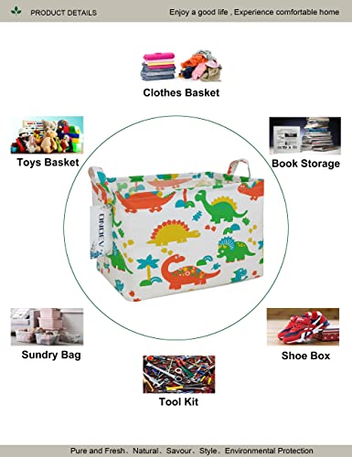 Image of Rectangular Dinosaur Laundry Storage Bin for Adults and Kids | Damp resistant canvas fabric, sturdy stitched carry handles, foldable design organizes closet and playroom daily supplies