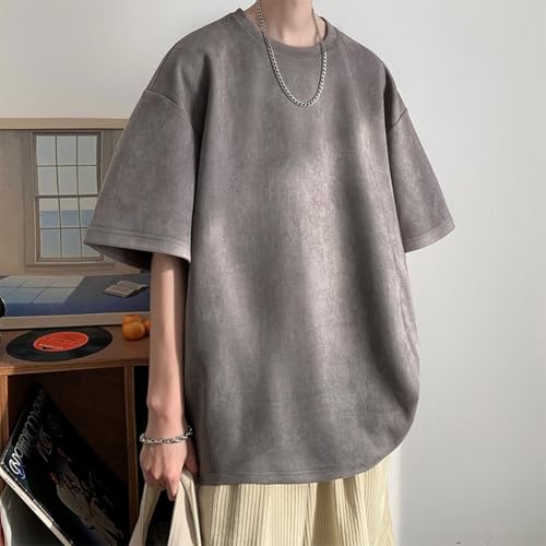 Image of Men Vintage Suede Texture T-Shirt Oversized Streetwear Loose Fit Casual Solid Colour Tee Short Sleeve O Neck Urban Daily Top for Summer Holiday Big and Tall(M Grey)