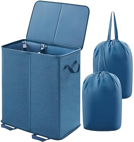 Image of Lifewit Double Laundry Hamper with Lid and Removable Laundry Bags, Large Collapsible 2 Dividers Dirty Clothes Basket with Handles for Bedroom, Laundry Room, Closet, Bathroom, College, Blue